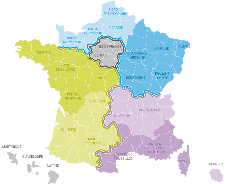 carte de france avec nord sud est et ouest